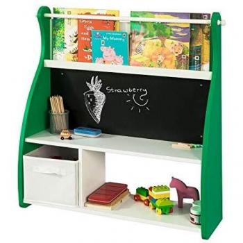 SoBuy Tavolo a Muro per Bambini con Lavagna, Libreria e Cesto per Giocattoli, modello KMB09-GR