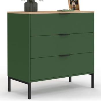 Commode Compact 3 Tiroirs 80 cm – Vert Kaki, Plateau en Bois
