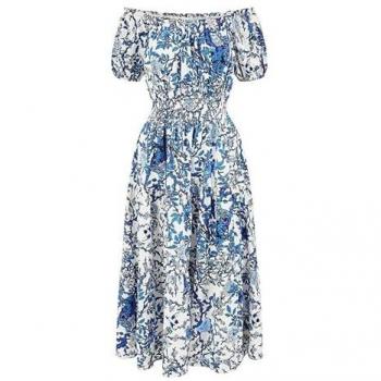 Yumi Blooming Tree Ruched-Waist Midi in Blue (Size 18)