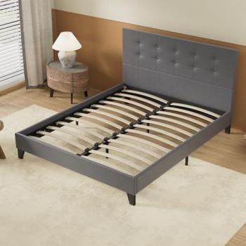 Grand lit double 140x200 cm – Capitonnage gris, sommier lattes bois, structure robuste