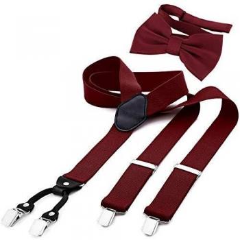 DonDon 3,5 cm breite Hosenträger für Herren – Y‑Form, Bordeauxrot, 2er Set mit Fliege