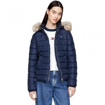 Tommy Jeans Women's Blue Hooded Jacket with Faux Fur Trim, Size S