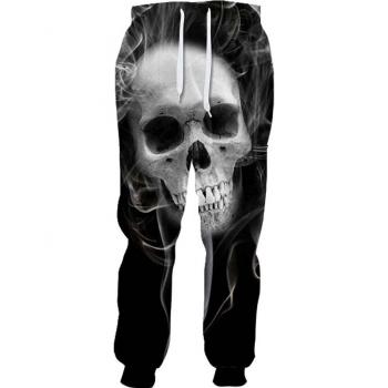 Black 3D Sweatpants Featuring White Skull and Gray Smoke Print