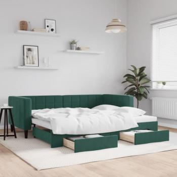 Sofá cama extraíble con cajones de terciopelo verde oscuro, medidas 90x200 cm