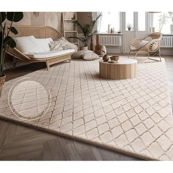 Alfombra de Habitacion Moderna, Pelo Largo, 200x280 cm, Diseño en Rombos, Color Crema