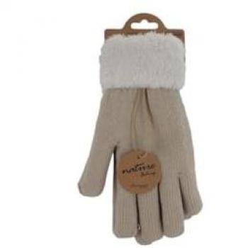 Beige gefütterte Teddy-Strickhandschuhe für Damen