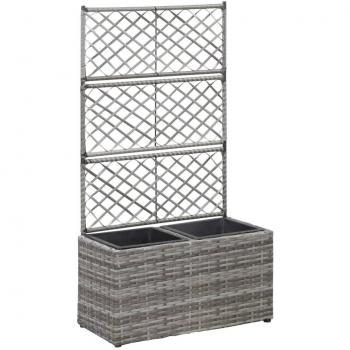 Hochbeet mit Rankgitter und 2 Töpfen, 58×30×107 cm, Poly Rattan Grau