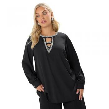 Blouse Noire à Découpe Clé et Éclat de Diamant