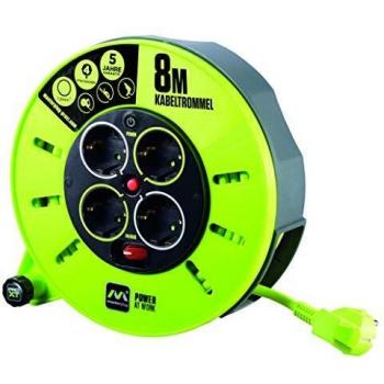 Rallonge à 4 prises avec enrouleur, interrupteur d’alimentation et câble Lime haute visibilité (Cassette 3G1.5 Proxt)