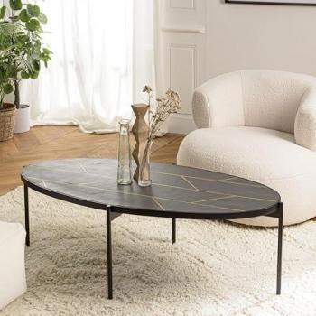 Mesa de centro ovalada Basile 131x65 cm efecto piedra y detalles dorados