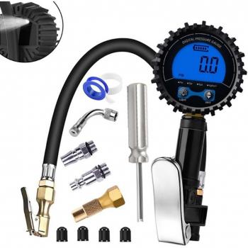 Medidor de presión de neumáticos digital con clip rápido y manguera para coches, camiones y bicicletas