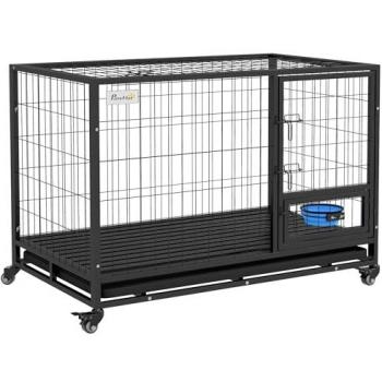 Heavy Duty Rolling Dog Crate with Bowl Holder and Removable Tray