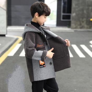 2022 Korean Boys' Winter Woolen Jacket Plus Velvet Thickening Mid-Length Hooded Casual Splicing