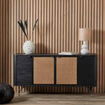 Black Rattan Sideboard with Acacia Wood