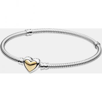 Pulsera Pandora Heart Dome Gold en Cadena de Escamas Plateadas