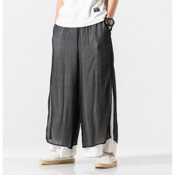 Men's Cotton Linen Loose Fit Wide Leg Skirt Trousers
