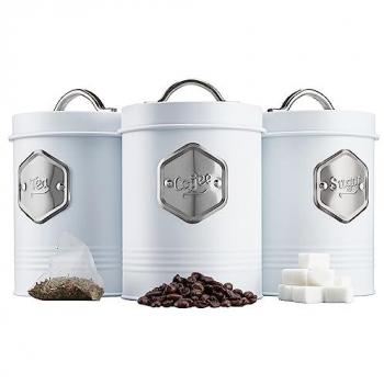 Copper‑Labeled Tea, Coffee & Sugar Bins – White & Silver Edition
