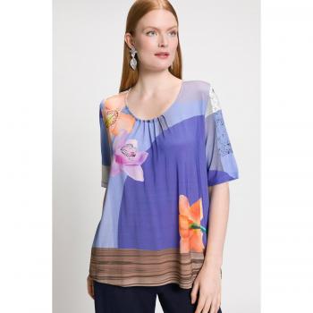 Maglia dal taglio svasato in viscosa, design floreale, scollo girocollo, mezze maniche, donna, viola, taglia 60/62