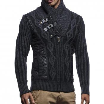 LEIF NELSON Herren Hoodie‑Pulli in Dunkelgrau – Schalkragen‑Design