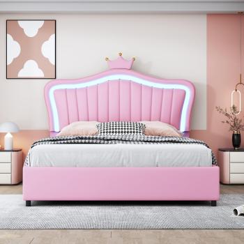 Lit Enfant Rose avec Rangement Hydraulique et Lumières LED 140x200 cm