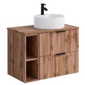 Meuble suspendu bain strié, vasque posée ronde, 2 espaces vitrés – couleur claire – L80 cm – ZEVARA