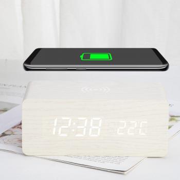 Qi-Compatible Wooden Alarm Clock with Sound Control