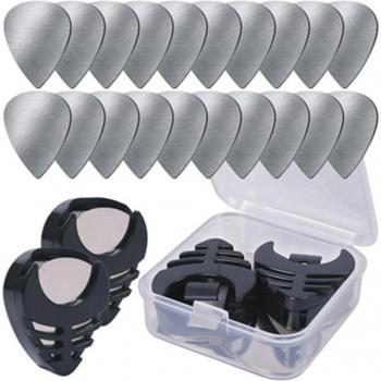 Púas de guitarra y bajo de acero inoxidable con soporte y estuche