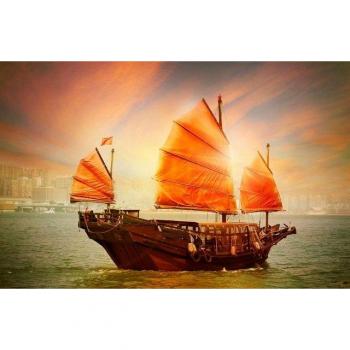Papermoon Fototapete mit DSCHUNKE Segelschiff am chinesischen Küstenstrand