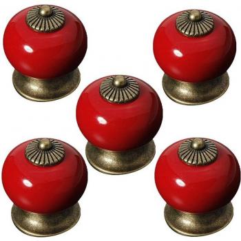 Set of 5 White Round Ceramic Knobs for Kitchen
