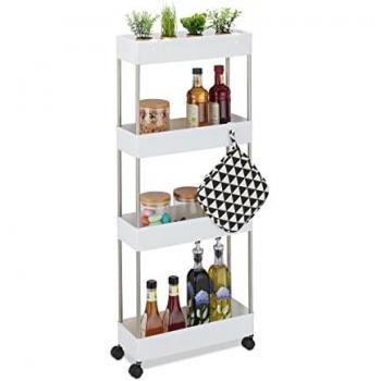 Mobiletto da Bagno e Cucina, 4 Ripiani, Ganci, Plastica Bianco, Dimensioni 98x15,5x40,5 cm
