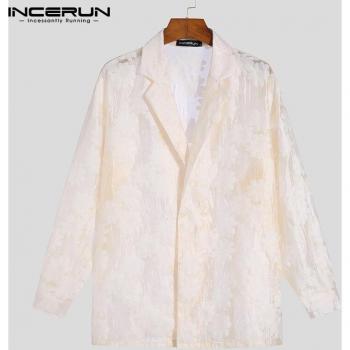 Männer Netzshirt Jacquard Floral Design Langarm Streetwear Casual Look Herrenmode 2022 Trendy INCERUN S-5XL