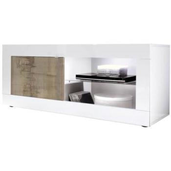 Altobuy TV Cabinet 1 porte 2 étagères, finition blanc laqué bois ancien, éclairage LED
