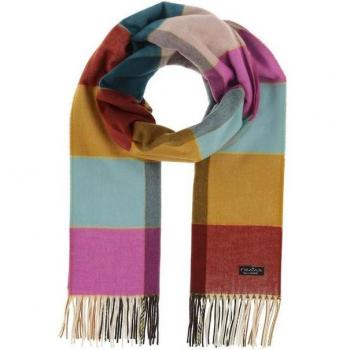 Fransen‑Farbkaro‑Schal von Fraas – Pink‑Gelb‑Blau Edition