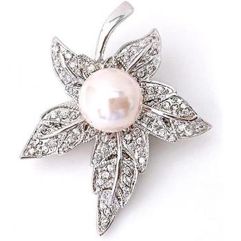 Lavina Elegant Pink Pearl Maple Leaf Brooch – Silver Rhodium