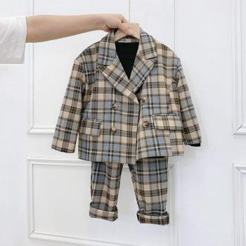 Boys' Korean Performance Costume: Autumn Plaid Blazer & Pants Set