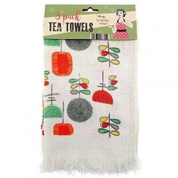 Vintage Cup of Tea Designs Kitchen Towels Pack of 3 Fringed Ends 100% Cotton for Drying Dishes White Fifties Pattern Retro American Diner