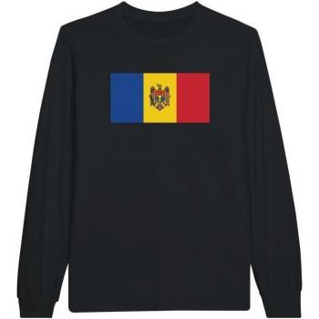 PixelForma Long‑Sleeve Polo – Moldova Flag, Black, Traditional Collar, Cotton