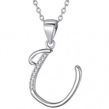 Collier argent 925 rhodié femme lettre U zircons blancs 45 cm