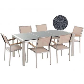 Table et Chaises de Jardin Granit Poli avec Tissu Beige