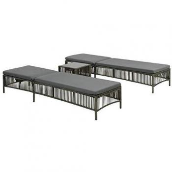 Lettini da Esterno 2 pz con Tavolo in Polyrattan Grigio