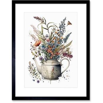 Spring Garden Teapot Portrait – Framed 9x7” Wall Art (White & Black)