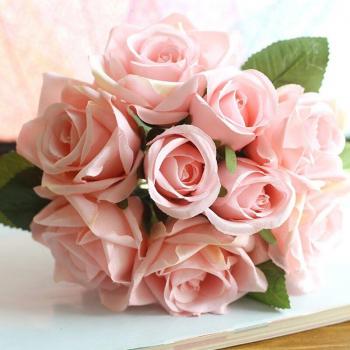 Artificial Colorful Rose Bouquet 6 Full Blooms + 3 Buds for Weddings Silk Flowers Decor P20