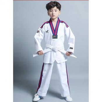 Kids and Adults Taekwondo Uniform WTF Doboks 100% Cotton Comfortable Blue Red Stripes Collar