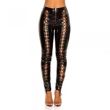 Koucla Highwaist Hose Lederlook Lack Optik Damen Hose Schnürung (Schwarz, L)