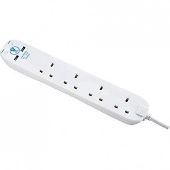 White Extension Lead with Four Sockets, Two USB Ports, and a 4m Cable