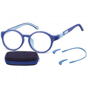 Lentes recetados niños, marco azul plástico, diseño circular, anti‑azul