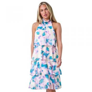 Petite Women's Abstract Tie Neck Tiered Dress