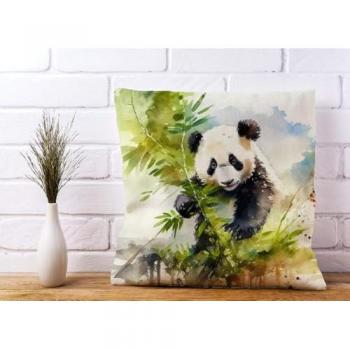 Designer Brown Panda Eating Bamboo Watercolour Cushion