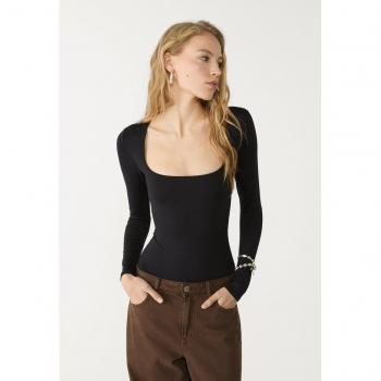 Stradivarius Square Neckline Bodysuit in Black XL