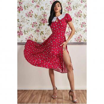 Goddiva Red Printed Midi Dress with Front Split